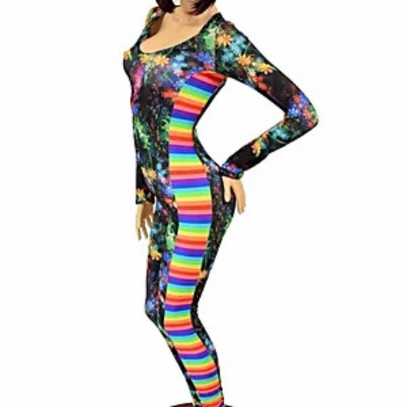 Gothic Garden Long Sleeve Scoop Neck Catsuit with Rainbow Stripe Side Panels - Picture 4 of 4